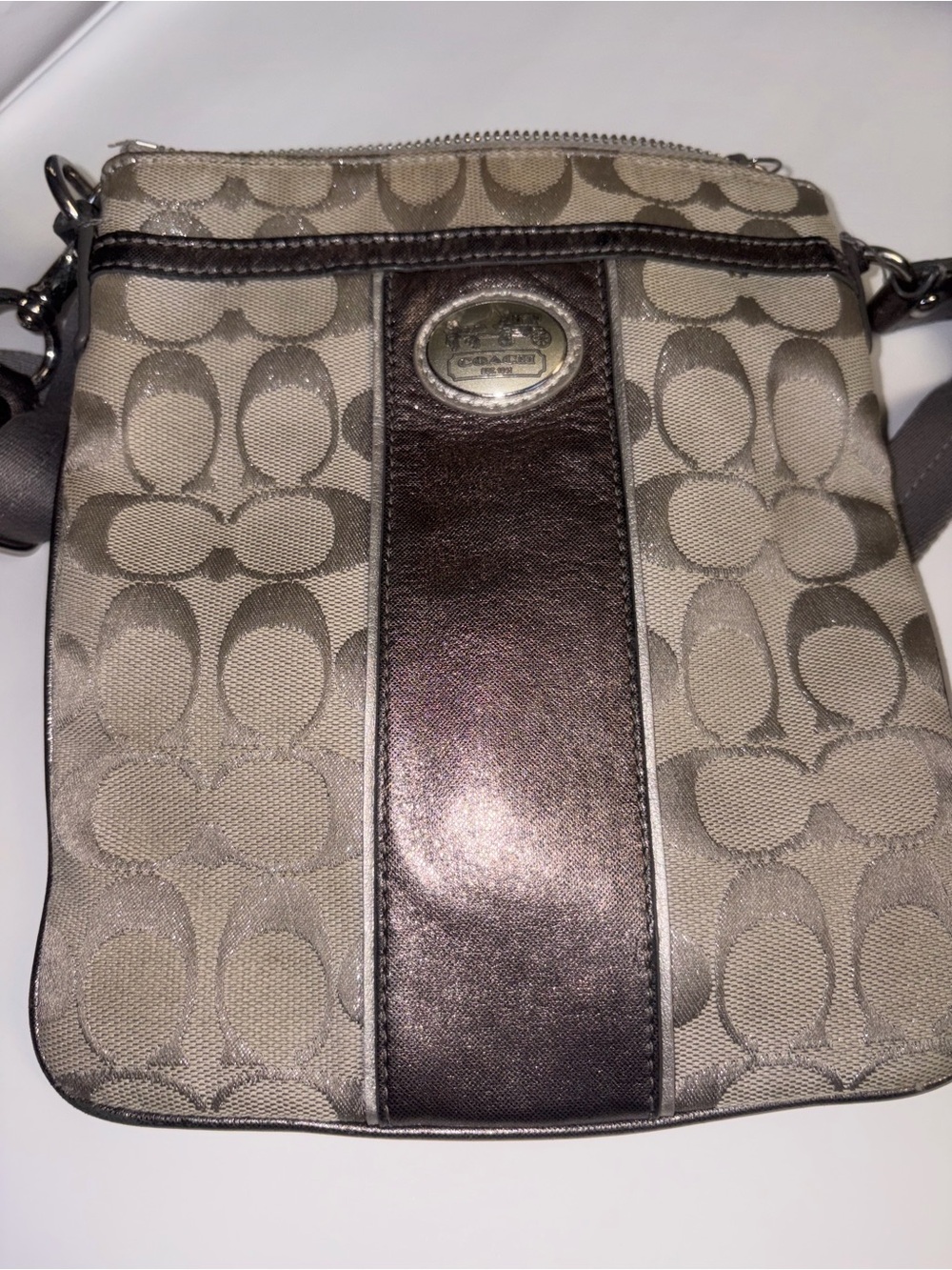Coach Metallic Signature Jacquard Crossbody Bag Silver Gray Y2K